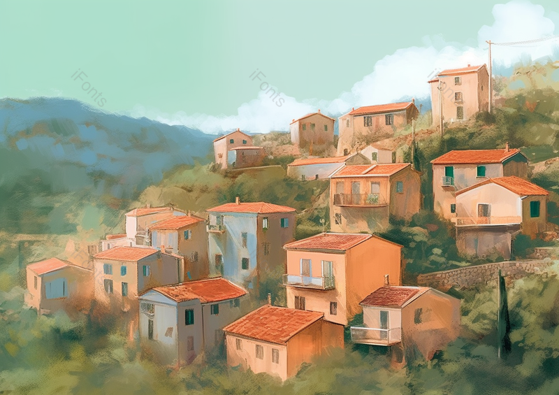 半山腰的红色房子油画山里村庄手绘插画背景,插画/手绘图,插画/手绘图库,插画/手绘图下载,插画/手绘